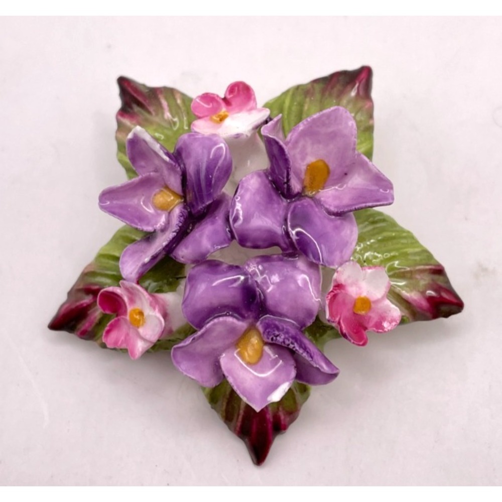 Vintage Made in England Violet Flower Brooch Purple Pink Green READ